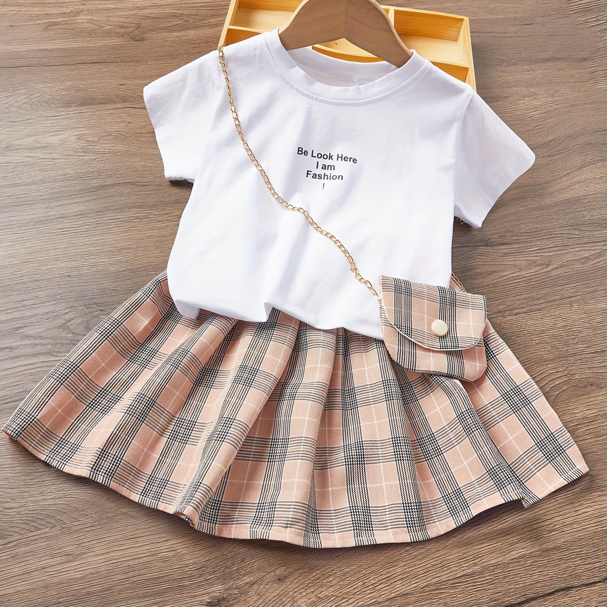 Toddler Girls Top And Plaid Skirt Set With Bag Kids Clothes