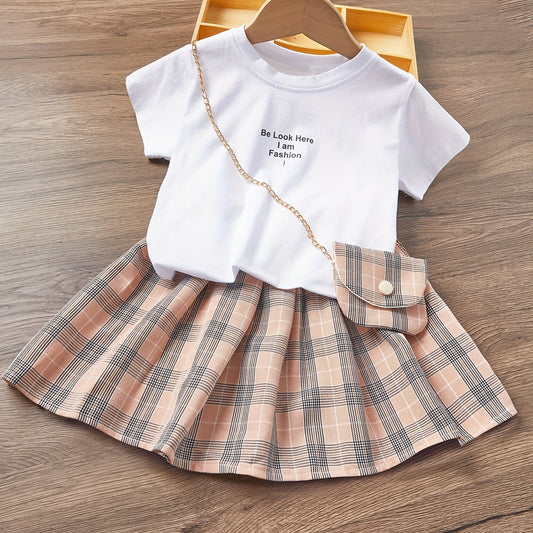 Toddler Girls Top And Plaid Skirt Set With Bag Kids Clothes