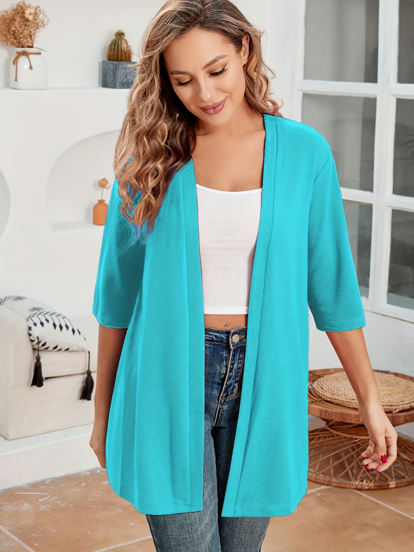  Solid Half Sleeve Open Front Cardigan