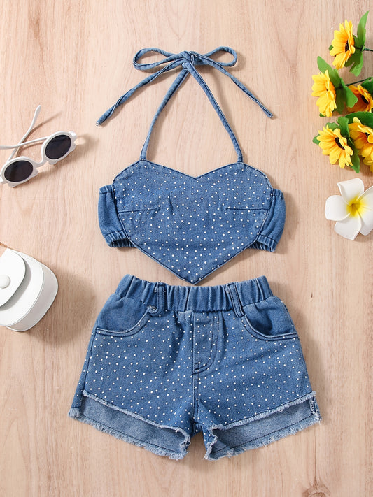 Girls Polka Dot Heart Halter Crop Top & Denim Shorts Set