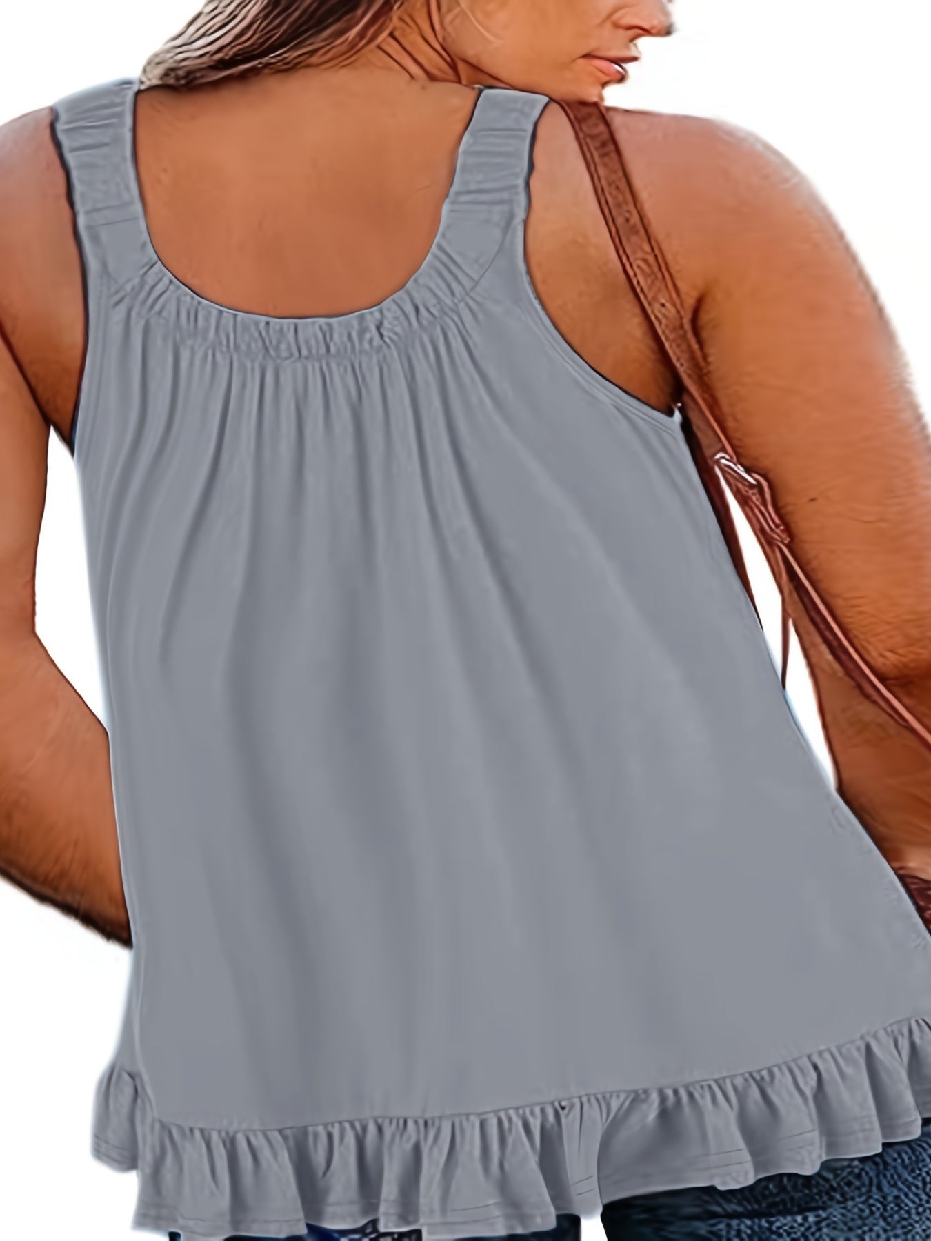  Casual Cami Top Solid Round Neck Ruffle Trim Slight Stretch