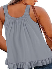 Casual Cami Top Solid Round Neck Ruffle Trim Slight Stretch