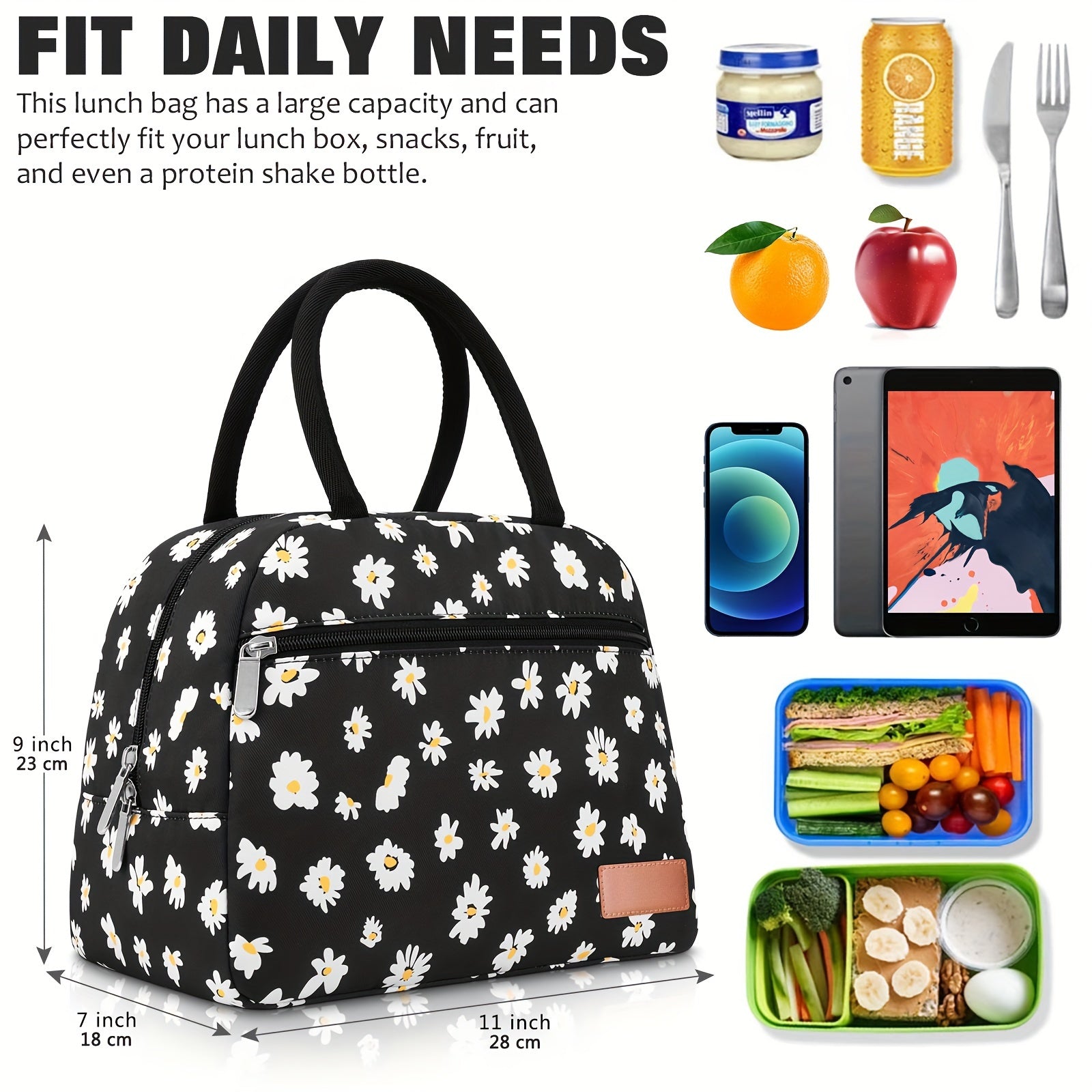 Leakproof Insulated Daisy Lunch Tote Bag for Work & Travel