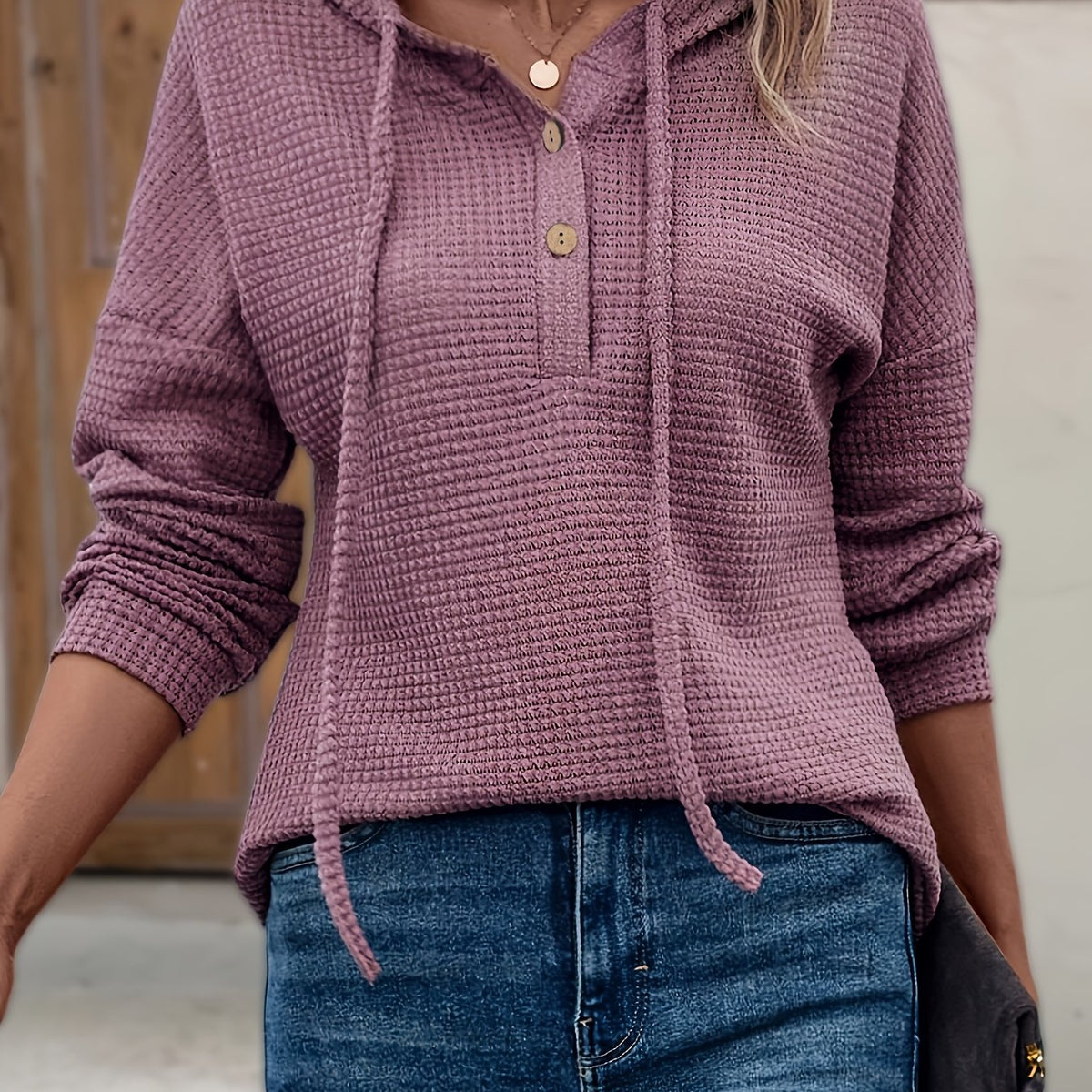 Drawstring Hooded Button Sweater Casual Solid Color