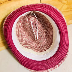 Rose Red Rolled Brim Fedora Cap Vintage Jazz Straw Hat Casual Block Top Hat