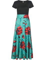 Splicing Crew Neck Dress Short Sleeve Pleated Maxi Dress Women's Clothing