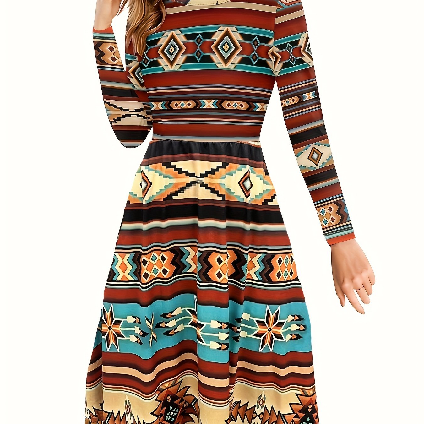  Colorblock Geometric Print Boho Dress