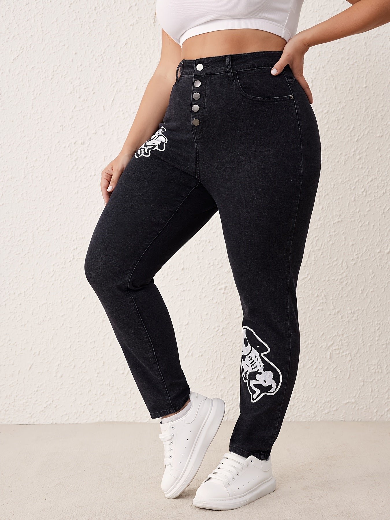  High Rise Skinny Jeans with Skull Rabbit Print