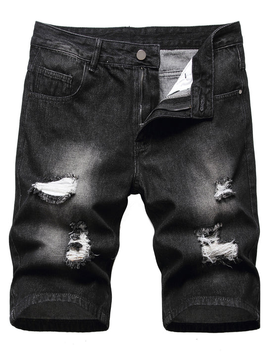 Men's Destroyed Hole Denim Shorts Classic Fit Distressed Summer Jean Shorts