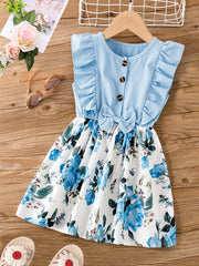 Girls Casual Ruffled Dress with Flower Print Bow for Summer