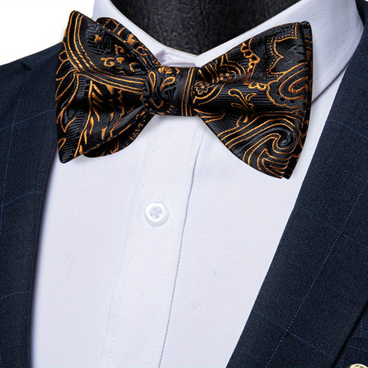 Men's Golden Paisley Silk Bow Tie Hankerchief Cufflink Wedding Set