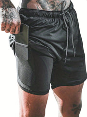 Men's Double Layer Pockets Sports Shorts with Drawstrings