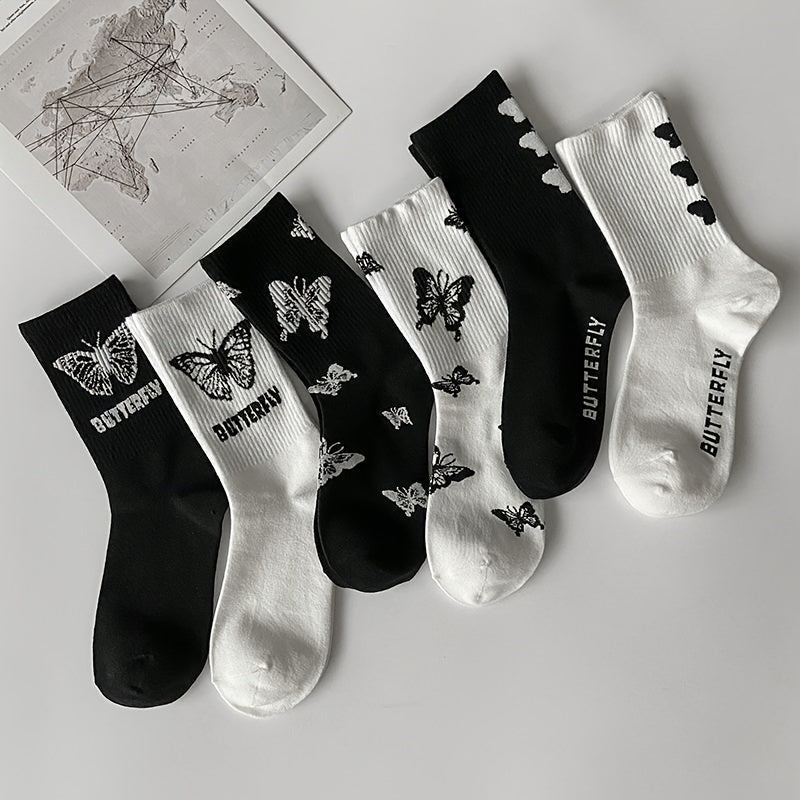 3 Pairs Butterfly Print Socks Women's Mid Tube Stockings