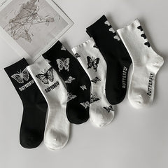 3 Pairs Butterfly Print Socks Women's Mid Tube Stockings