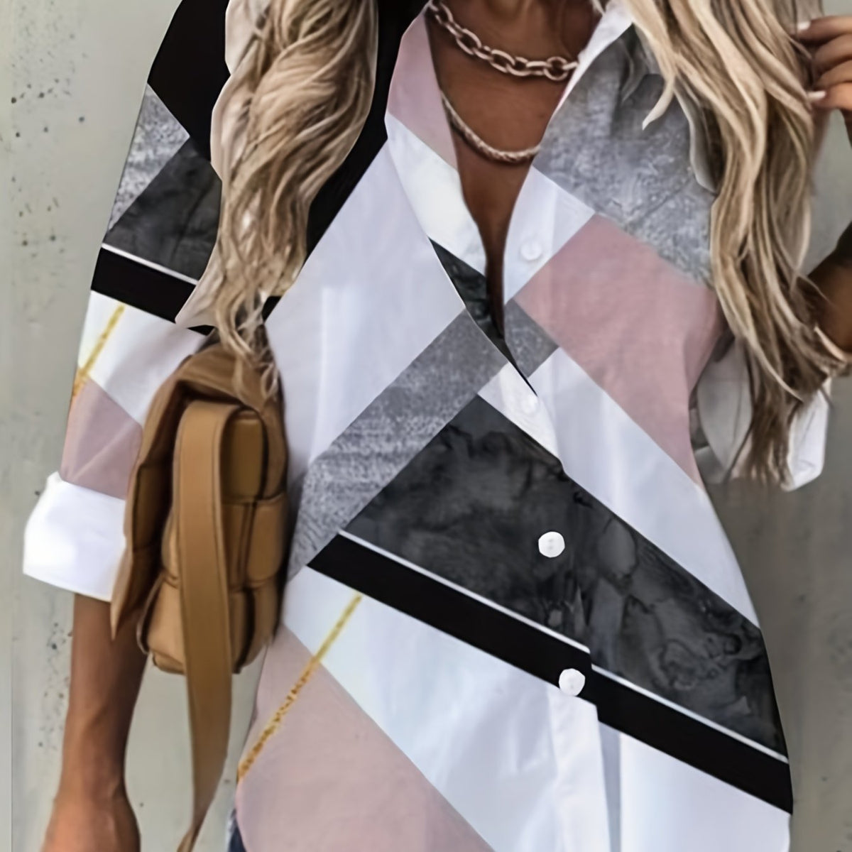  Colorblock Button Up Long Sleeve Blouse