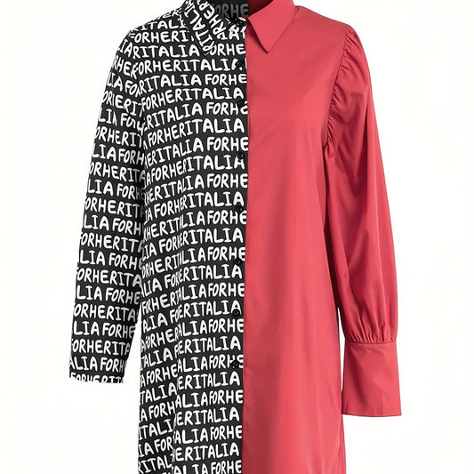  Colorblock Letter Print Button Up Blouse