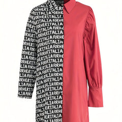  Colorblock Letter Print Button Up Blouse
