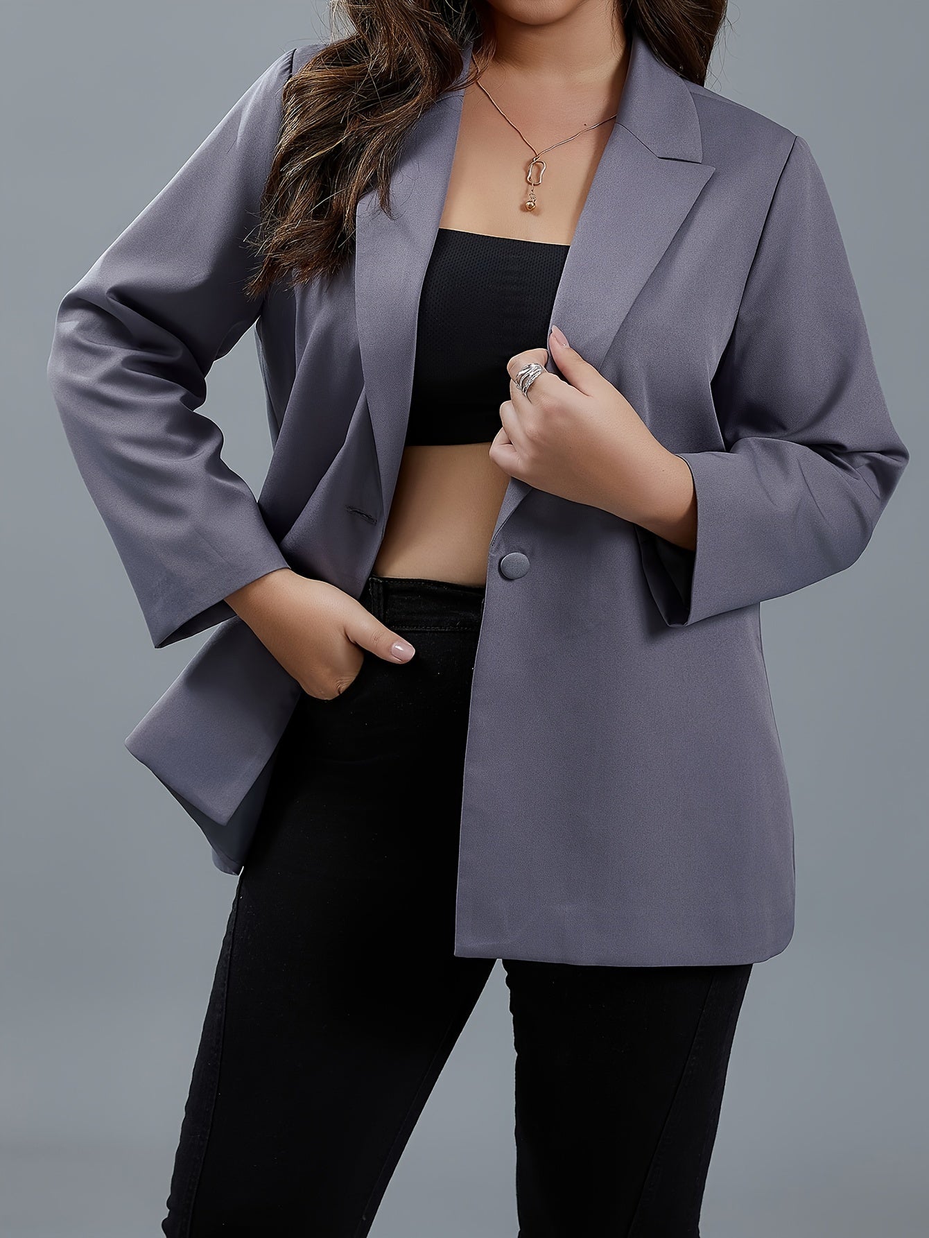  Basic Blazer Solid Long Sleeve Lapel Collar Button Blazer