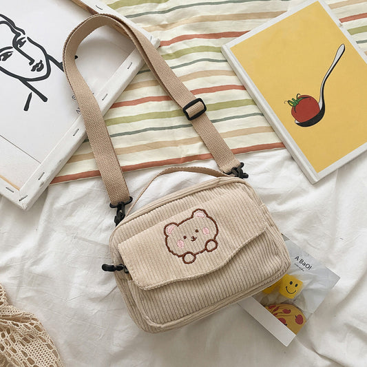 Cartoon Pattern Crossbody Bag Corduroy Shoulder Bag Women's Flap Pocket Decor