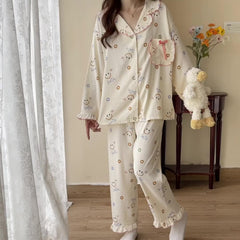 Smiling Face Print Lounge Set Long Sleeve Top & Ruffle Pants