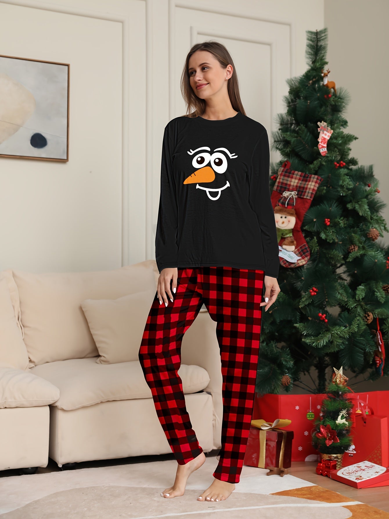 Christmas Print Pajama Set Top & Plaid Pants Women's Sleepwear