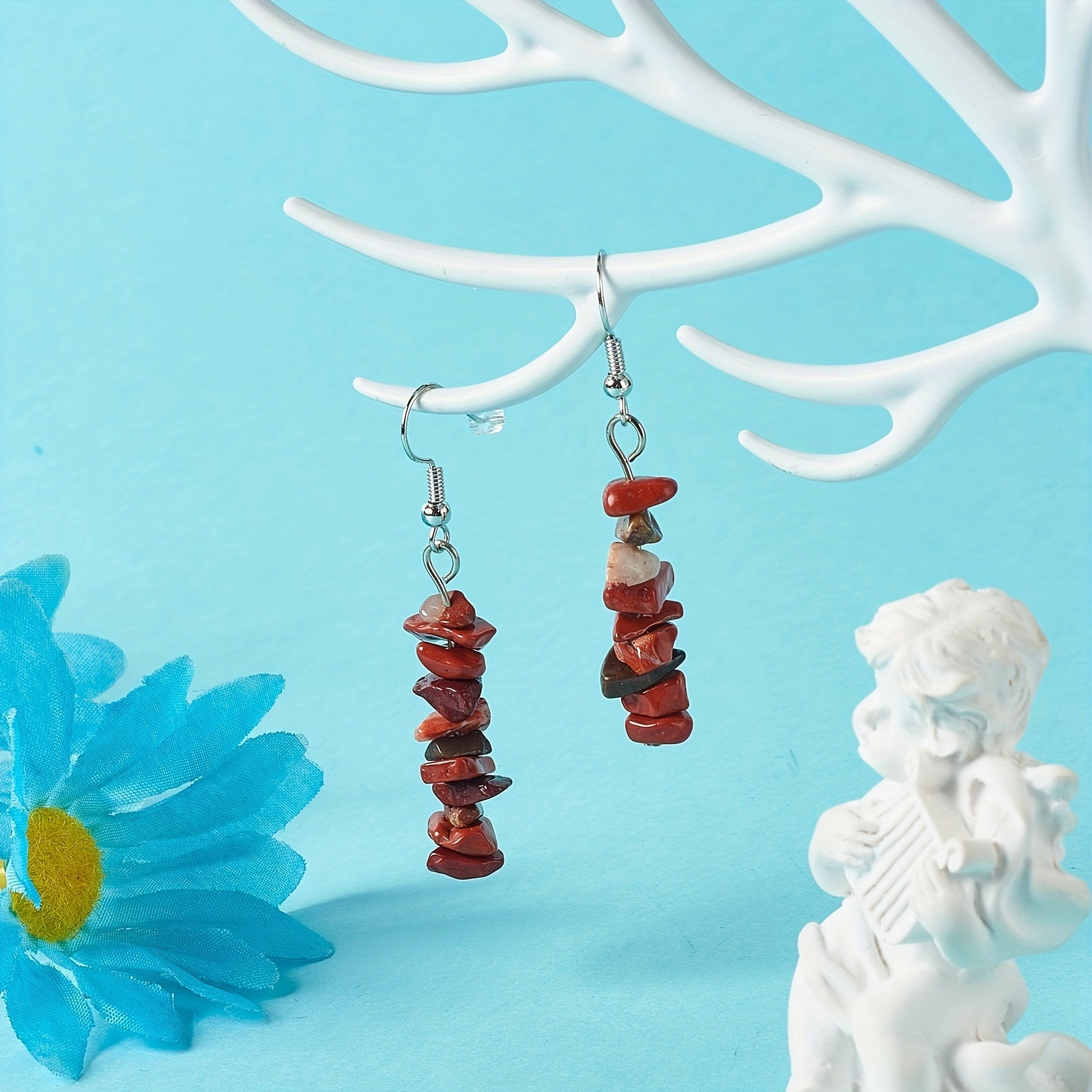 Stone Decor Drop Earrings - Natural Stone Beaded Drop Earrings