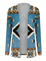  Boho Cardigan Geometric Print Long Sleeve Open Front Cardigan