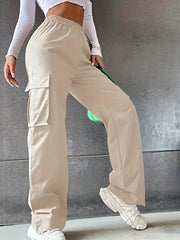  Casual High Rise Straight Leg Trousers With Pockets