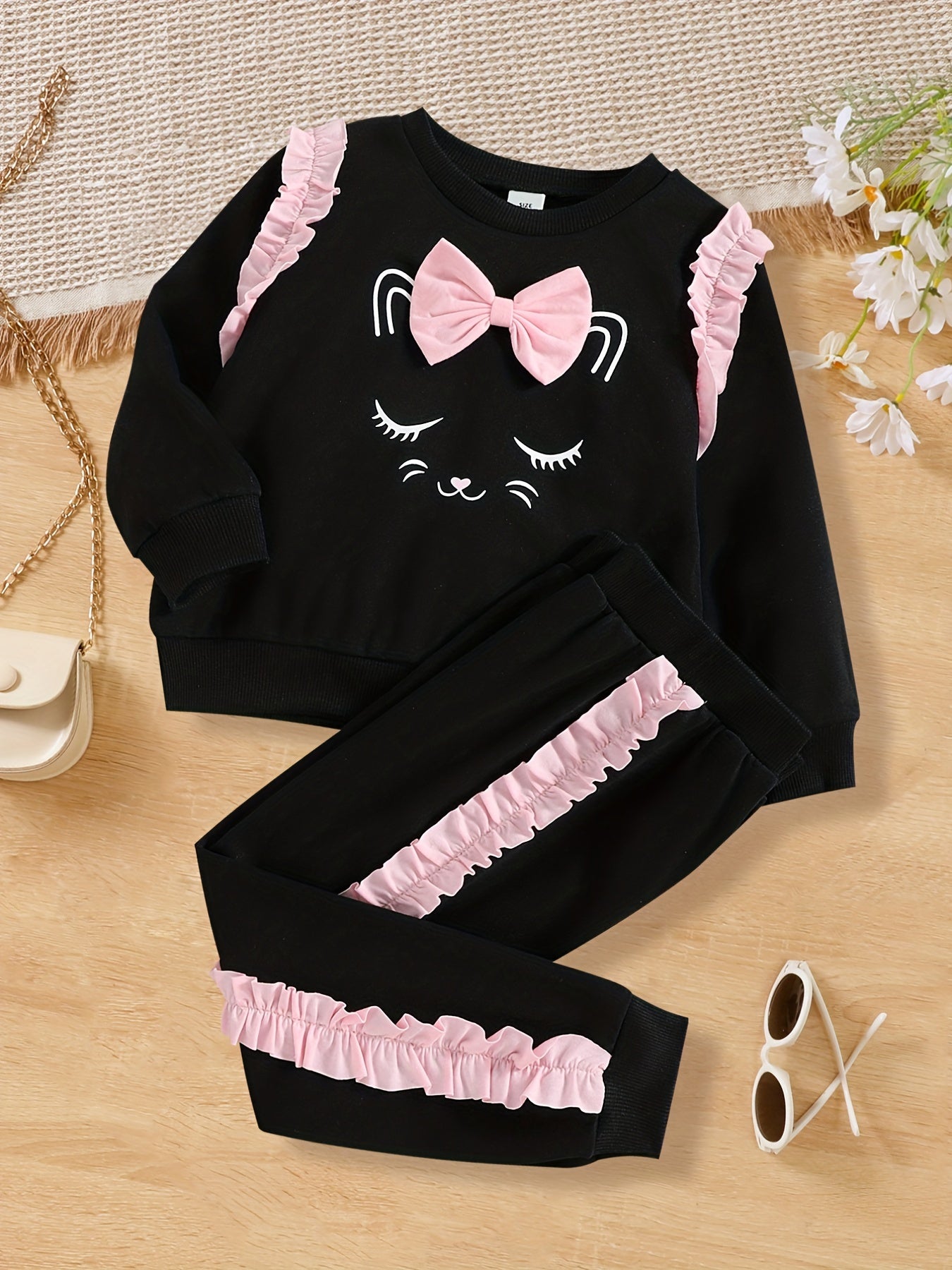 Girls 2pcs Cat Print Sweatshirt & Sweatpants Set