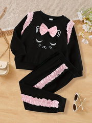 Girls 2pcs Cat Print Sweatshirt & Sweatpants Set