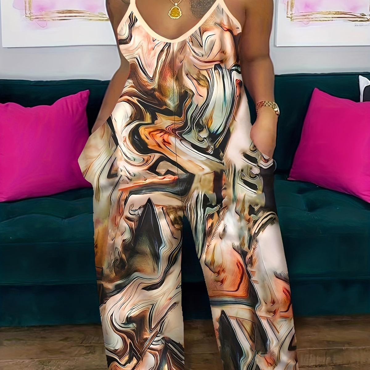  Casual Cami Jumpsuit Women's Plus Fluid Print V Neck Wide Leg