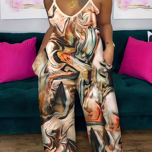  Casual Cami Jumpsuit Women's Plus Fluid Print V Neck Wide Leg