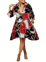  Women's Scarf Print V Neck A line Dress