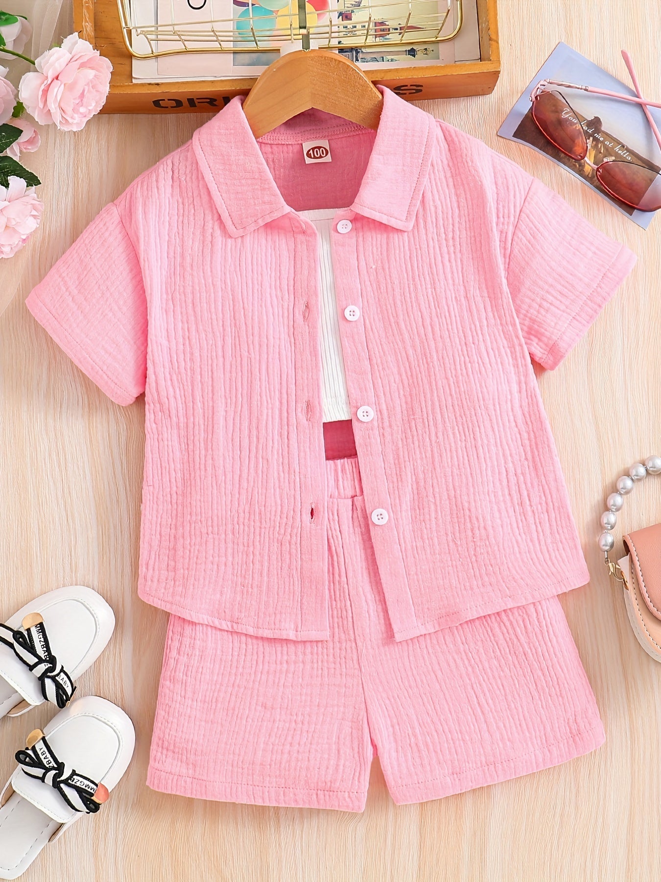 Kids Button Down Short Sleeve Jacket & Cropped Camisole & Shorts Girls Suit