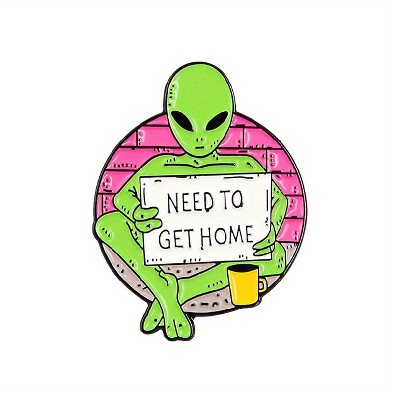 Green Alien Wandering Earth Red Brick Wall Yellow Cup Cartoon Punk Brooch