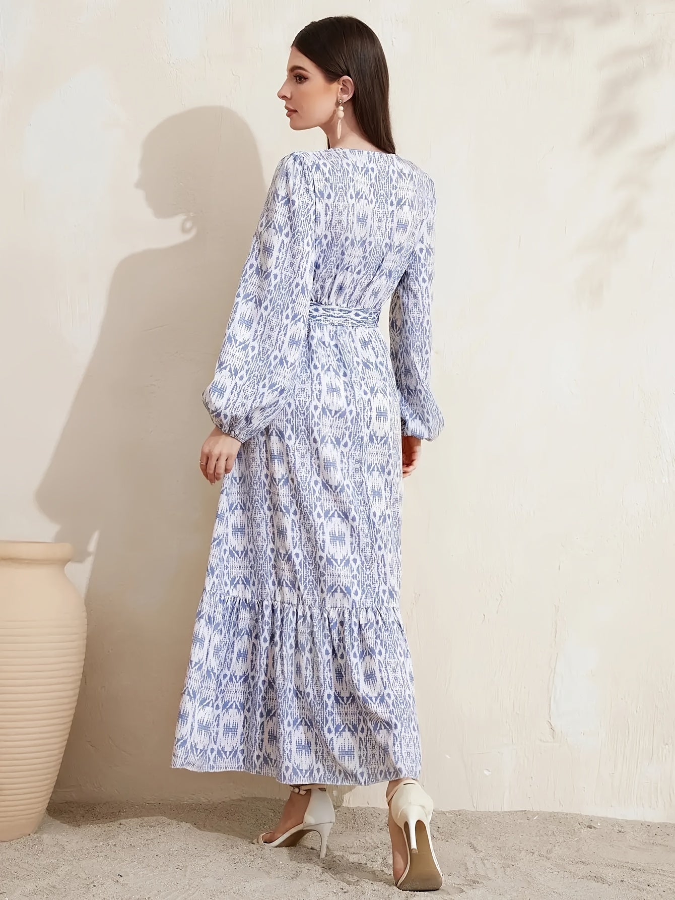 Women's Plus Geometric Print Lantern Sleeve Maxi Dress With Belt