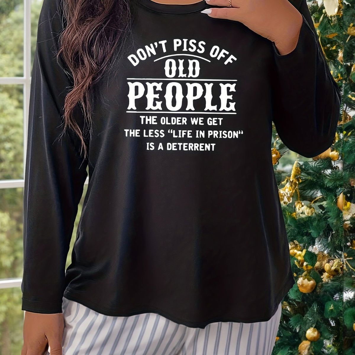  Lounge Top Women's Plus Slogan Print Long Sleeve Crew Neck