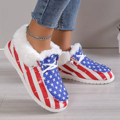 Women's Plush Lined Snow Boots Star Print & Striped Low Top Canvas Shoes