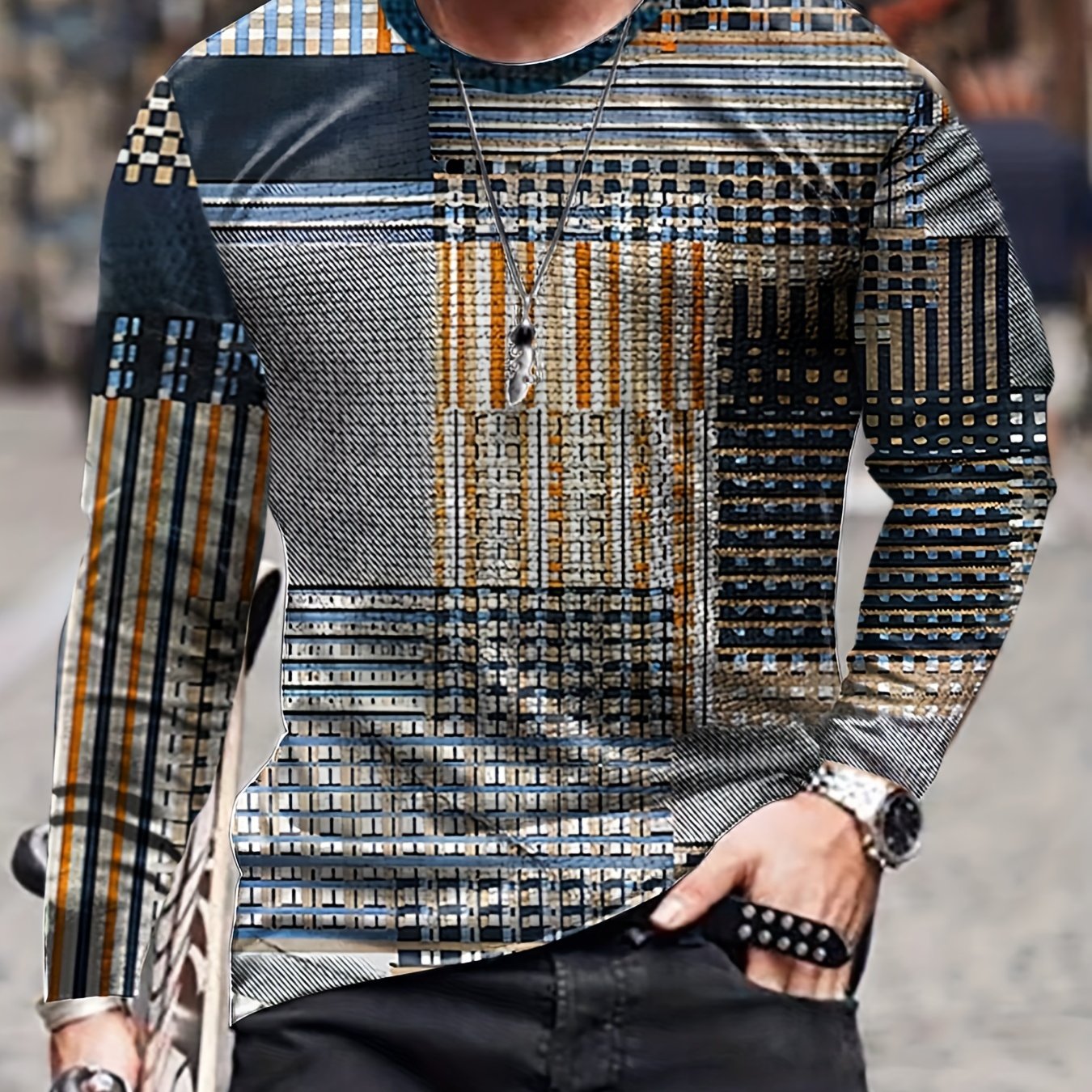 Block Print Men's Long Sleeve Novelty T-shirt for Autumn