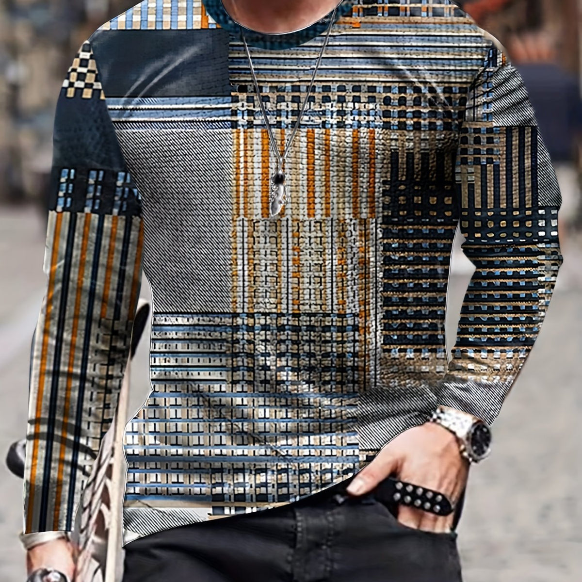 Block Print Men's Long Sleeve Novelty T-shirt for Autumn