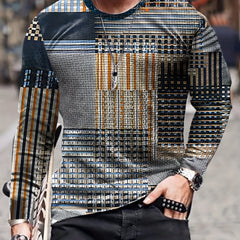 Block Print Men's Long Sleeve Novelty T-shirt for Autumn