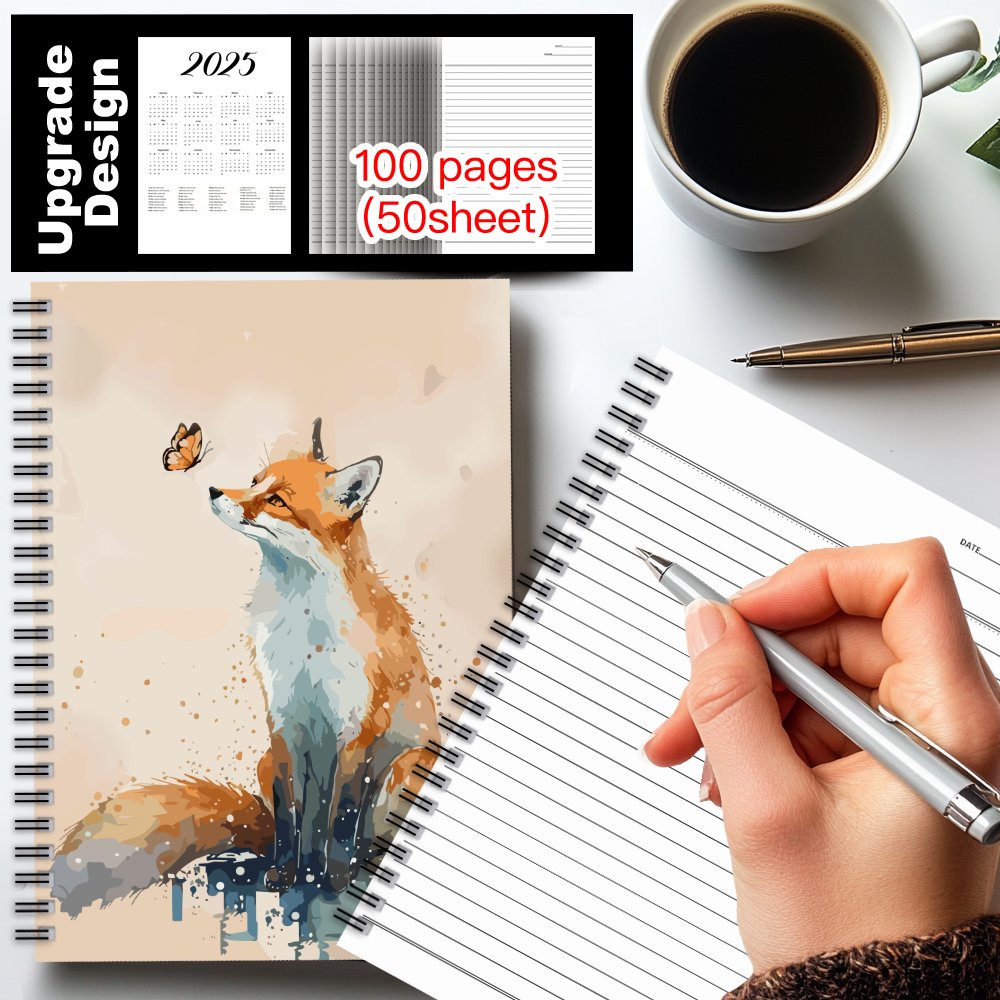 Watercolor Fox Spiral Notebook - Vibrant Fox & Butterfly - 100 Pages