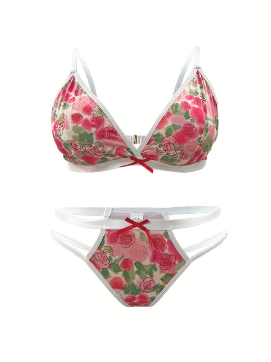  Tie Dye Rose Print Bow Bra & Panty Set