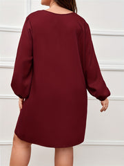  Solid Lantern Sleeve Notched Neck Dress