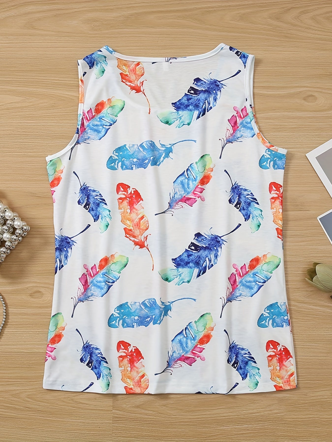 Feather Print Loose Tank Top Sleeveless Summer Women's Clothing