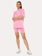 Casual Solid Two-piece Set Short Sleeve T-Shirt & Skinny Shorts