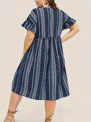  Colorblock Boho Dress V Neck Ruffle Trim Short Sleeve