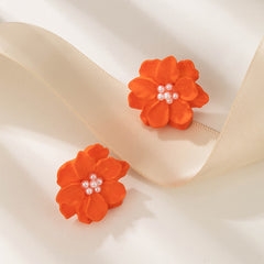 Orange Camellia Flower Stud Earrings For Women Girls 1Pair