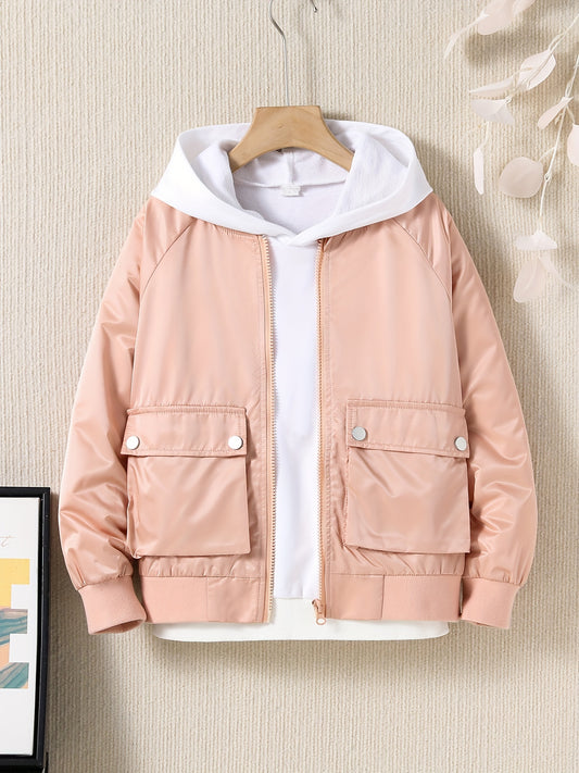 Kid Girls Casual Hooded Windbreaker Jacket with Pockets