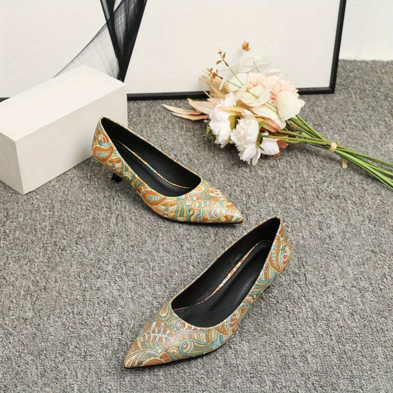 Women's Paisley Print Kitten Heels Slip On Low Heels Dressy Shoes